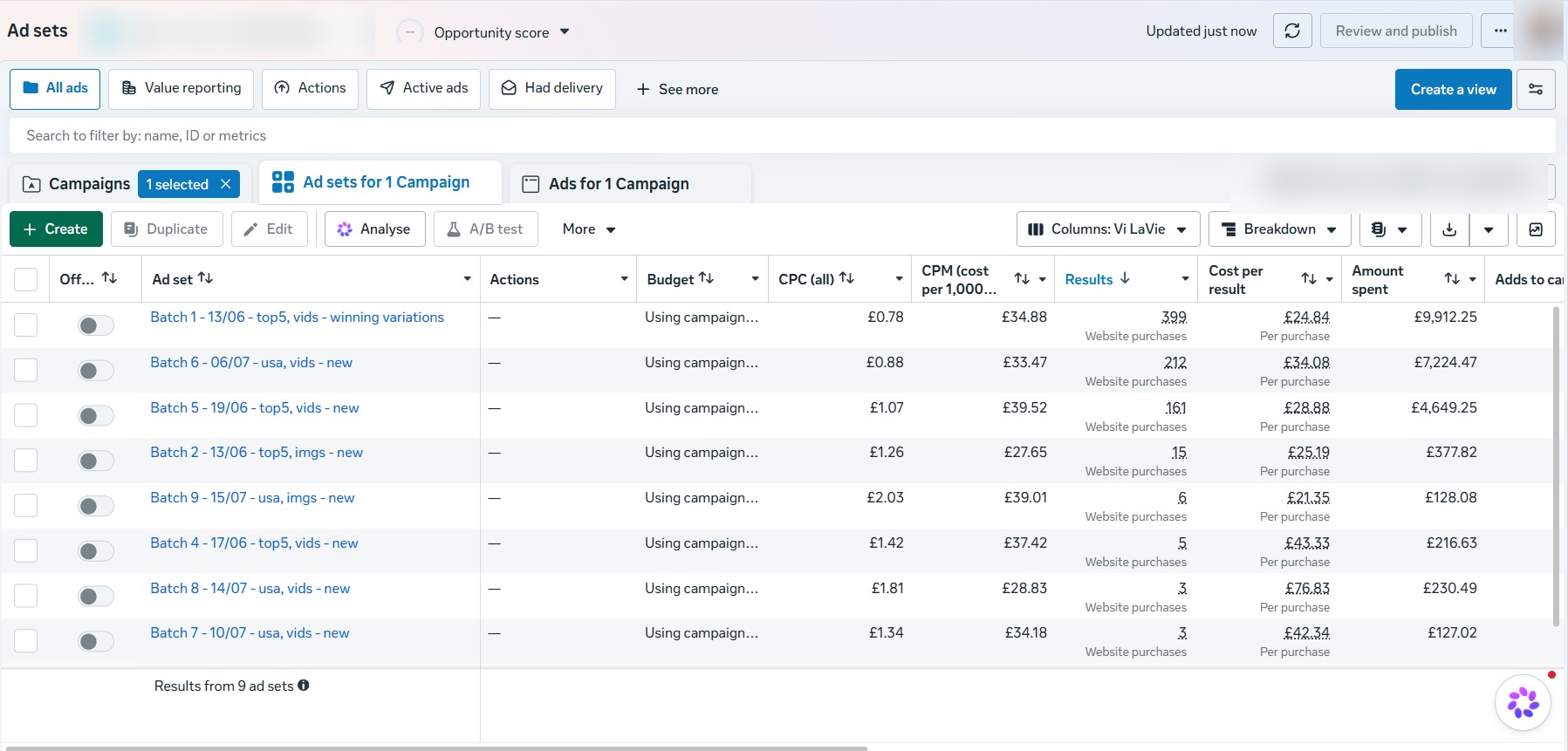 Meta Ads Manager showing multiple ad sets, website purchases and campaign spend with identifying details blurred